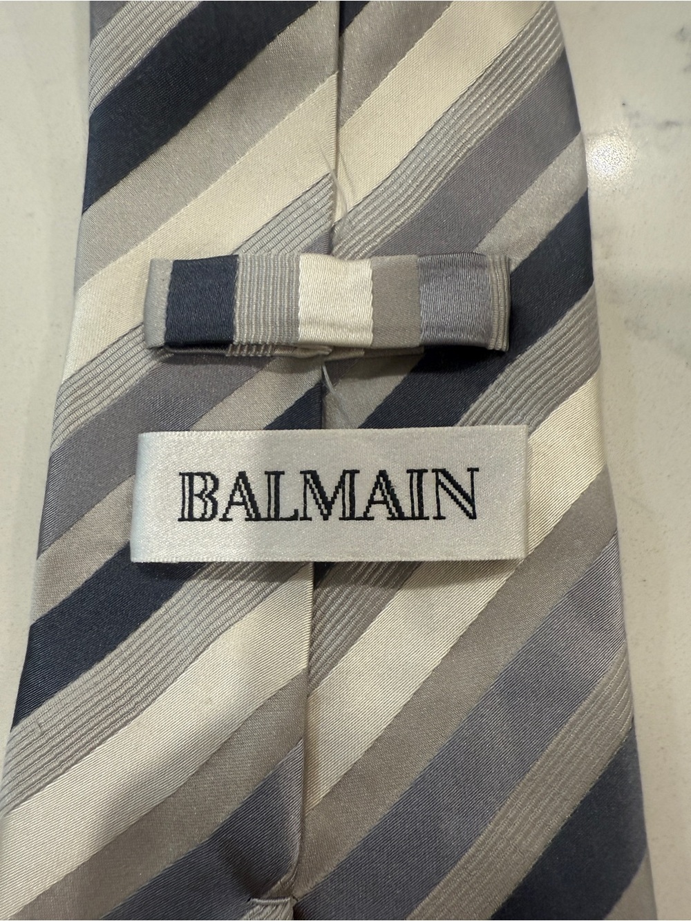 Vintage Balmain 100% Silk Tie Black Gray Silver Diagonal Stripe Designer Formal